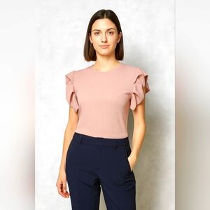 Shein XS Dusty Pink Ruffle Sleeve Blouse - Business Casual, Textured Top